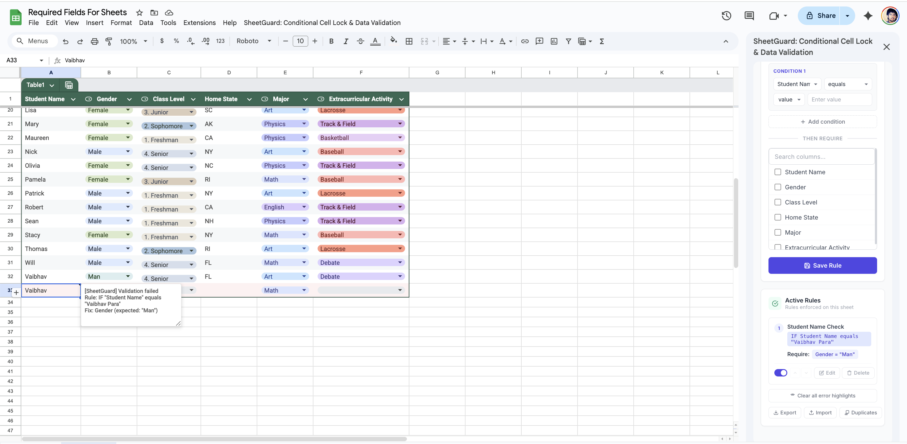 SheetGuard enforcing a rule — row highlighted red with validation error tooltip